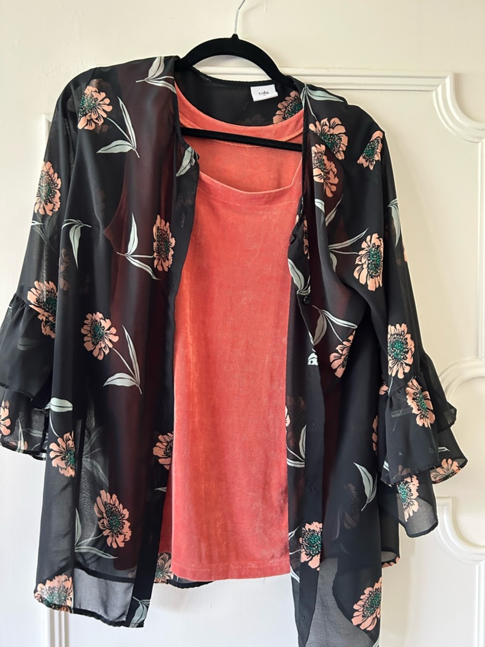 CAbi Black Sheer Floral Kimono with Coral Tank
